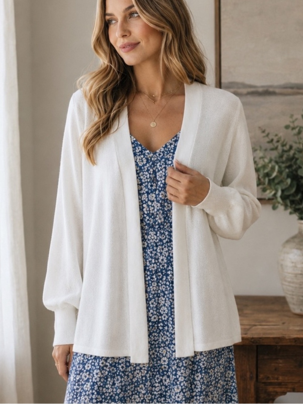 LOFT Ivory Open Front Knit Cardigan Bishop Sleeve Soft White Cotton Sweater XS